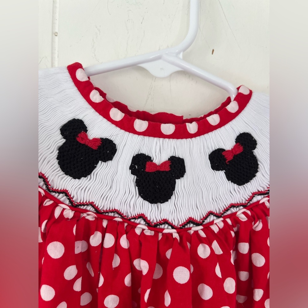 Pleats & Stitches Mouse Ears Smocked Romper Red Polka Dot Minnie Bubble 6 Months - Picture 6 of 15